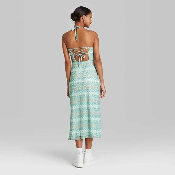 Wild Fable Knit Crochet Halter Neck Midi Slip Dress Women's Small Aqua Blue - Picture 2 of 7
